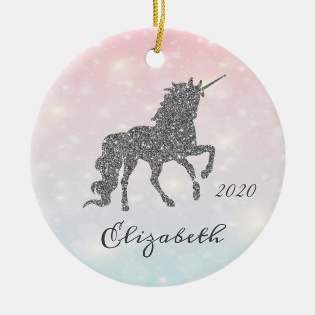 Bedårande Silver Glitter Enhörning Bokeh Julgransprydnad Keramik (Framsidan)