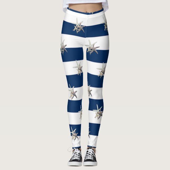 Bedårande sjöstjärna, Marinblå ränder Leggings (Framsida)