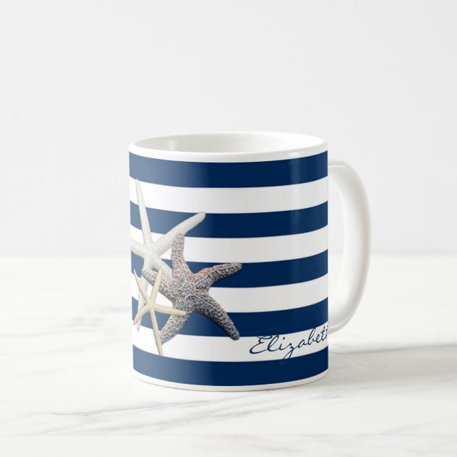 Bedårande sjöstjärna, Marinblå ränder - Personligg Kaffemugg (Framsida höger)