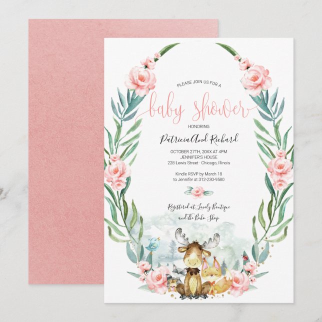 Bedårande Skogsblomma Greenery Baby Shower Inbjudningar (Fram/baksida)