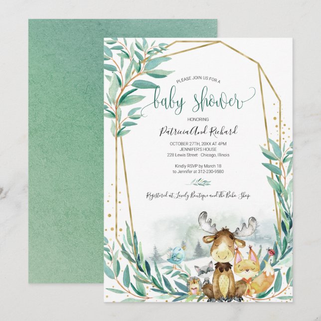 Bedårande Skogsdjur Grönska Baby Shower Inbjudningar (Fram/baksida)