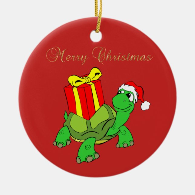Bedårande sköldpadda med tomtehatt, present, God J Julgransprydnad Keramik (Framsidan)