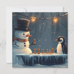 Bedårande snöman och pingvin som spelar schack julkort