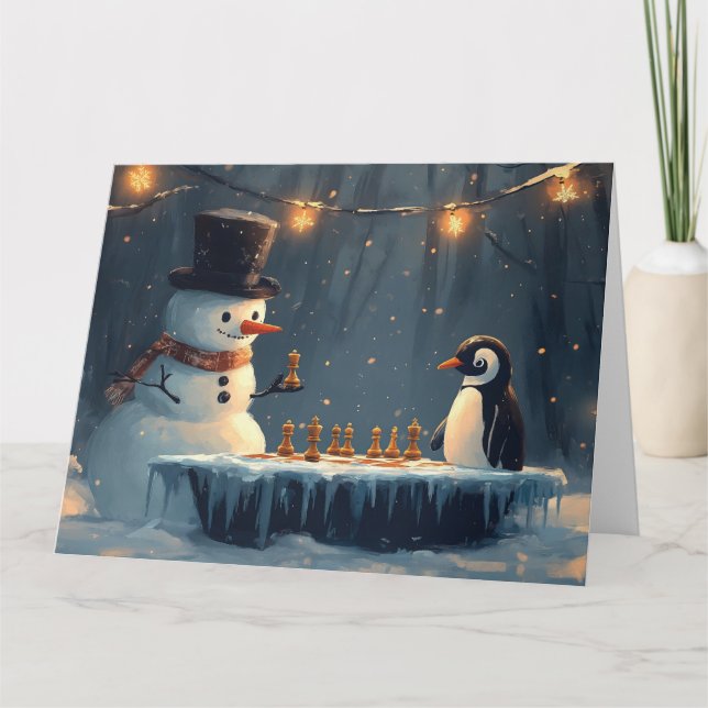Bedårande snöman och pingvin som spelar schack kort (Framsida)