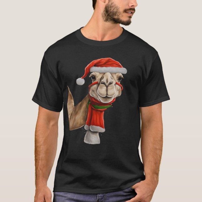 Bedårande söt kamel som bär jultomtehatt jul v2 t shirt (Framsida)
