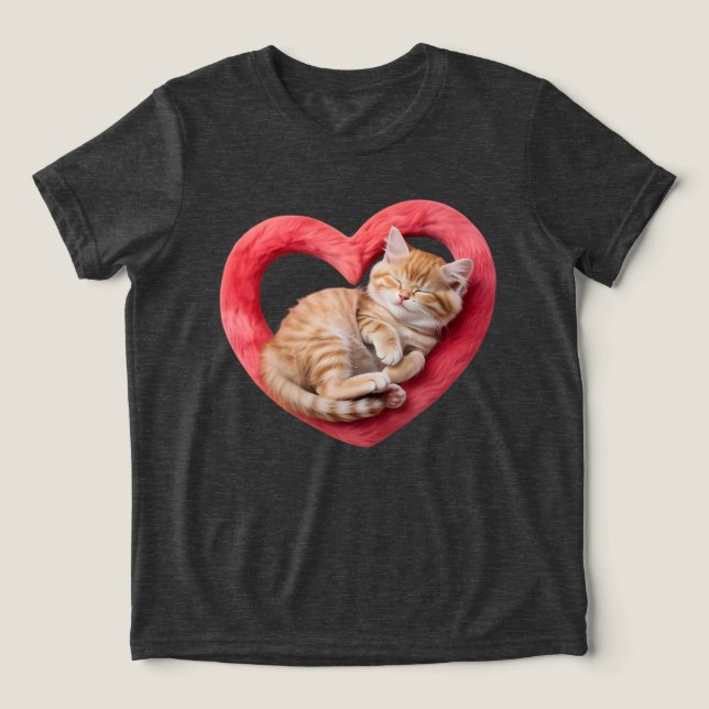 Bedårande sovande katt luddigt hjärta t shirt (Design Framsida)