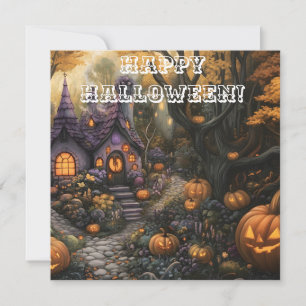 Bedårande spöklik hus och Halloween-pumpafält Julkort