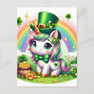 Bedårande St. Patricks Day Enhörning Regnbåge Guld Vykort