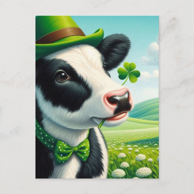 Bedårande St. Patrick's Day Ko med Shamrock i Munn Vykort (Framsida)