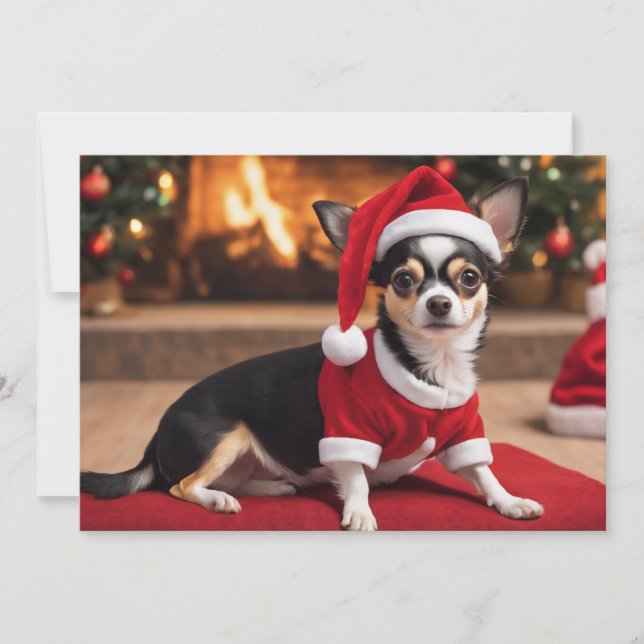 Bedårande svart Chihuahua med tomtehatt Julkort (Framsida)