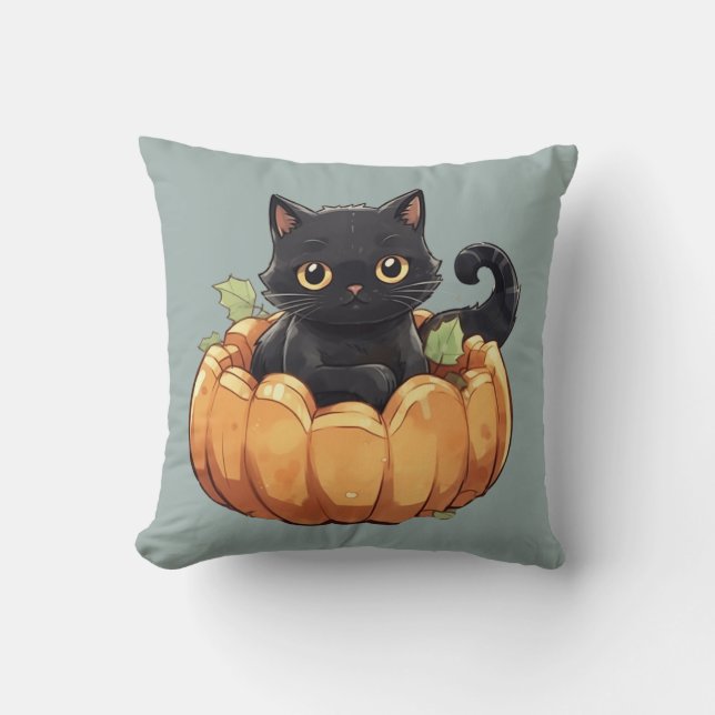 Bedårande svart katt i en grön Halloween-pumpa Kudde (Framsida)