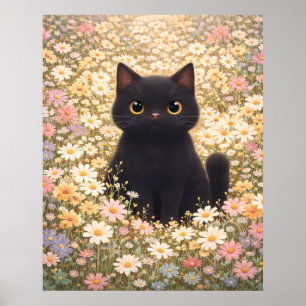 Bedårande svart katt i en tusenskönsfält-affisch poster