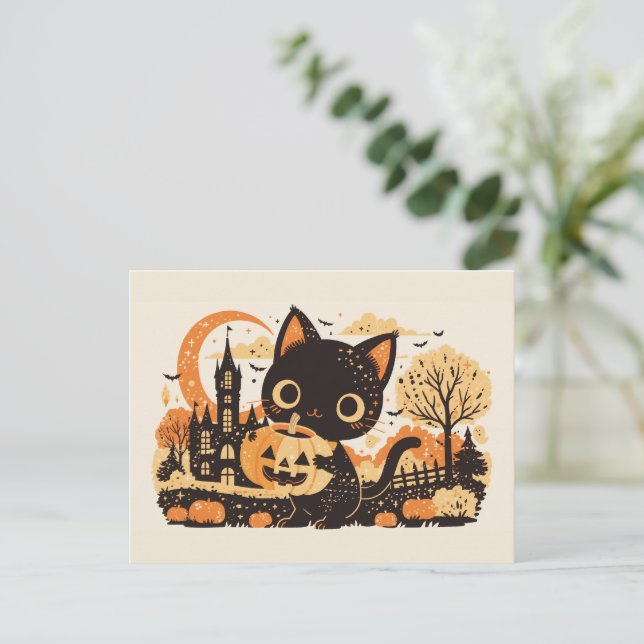 Bedårande svart katt med Jack-o'-lantern Helg Vykort (Stående Fram)
