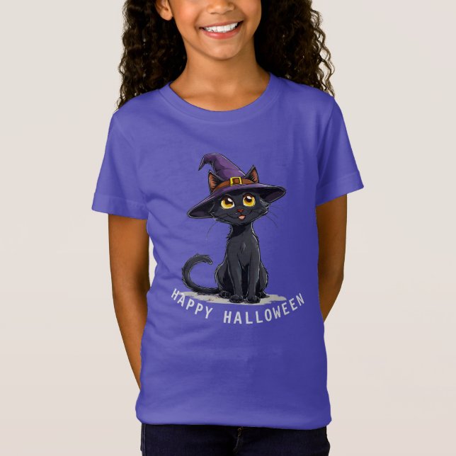 Bedårande svart katt som bär en häxhatt t shirt (Framsida)