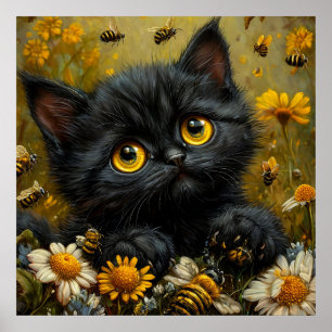 Bedårande svart kattunge bland blommor poster