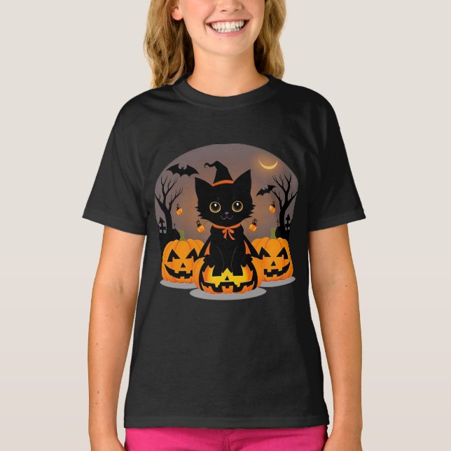 Bedårande svart kattunge i häxhatt t shirt (Framsida)
