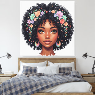 Bedårande svart kvinna med blomkrona afro canvastryck