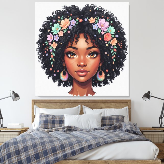 Bedårande svart kvinna med blomkrona afro canvastryck (Insitu (sovrum))