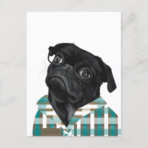 Bedårande svart pug med glasögon och skjorta vykort