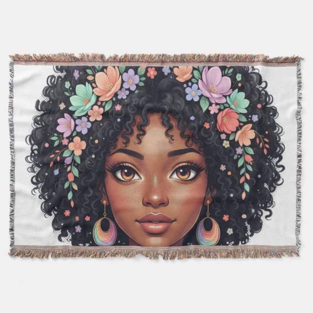 Bedårande svart tjej med blomkrona afro filt (Framsidan)