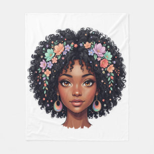 Bedårande svart tjej med blomkrona afro fleecefilt