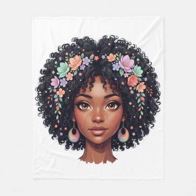 Bedårande svart tjej med blomkrona afro fleecefilt (Framsidan)