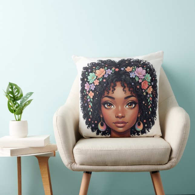 Bedårande svart tjej med blomkrona afro kudde (Stol)
