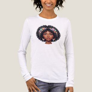 Bedårande svart tjej med blomkrona afro t shirt