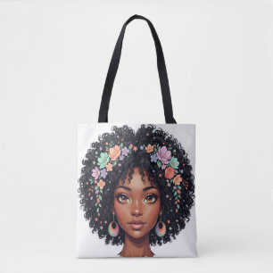 Bedårande svart tjej med blomkrona afro tygkasse