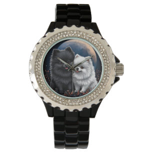 Bedårande svarta och vita Pomeranian-valpar Armbandsur