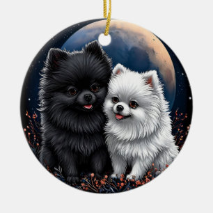 Bedårande svarta och vita Pomeranian-valpar Julgransprydnad Keramik