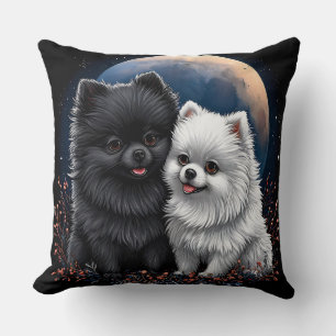 Bedårande svarta och vita Pomeranian-valpar Kudde