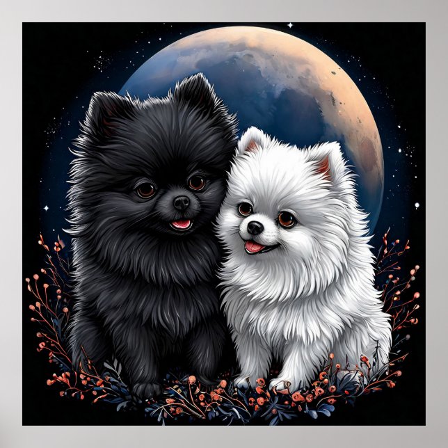 Bedårande svarta och vita Pomeranian-valpar Poster (Framsidan)