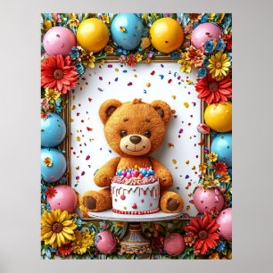 Bedårande teddybjörn födelsedagsfirande med tårta poster