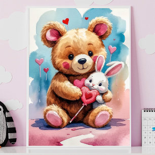Bedårande teddybjörn som kramar kanin med hjärtan poster