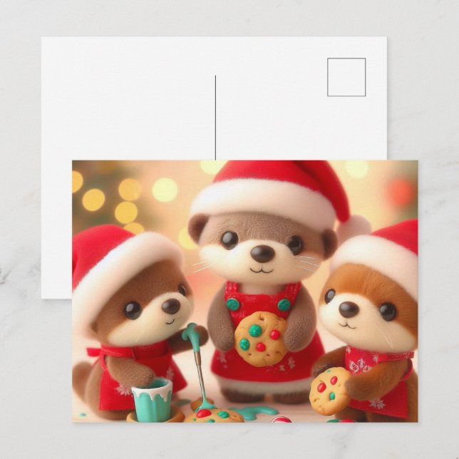 Bedårande Uttrar Dekorerar Julkulor Vykort (Fram/baksida)