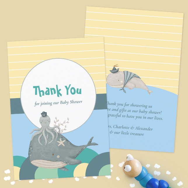 Bedårande Valhaj Gul Bebisdusch med Marin Anknytni Tack Kort (Adorable Nautical Whale Squid Yellow Baby Shower Thank You Card ©Susanne Sachers - Sunny Mind Design)