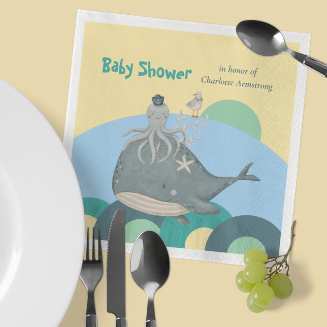 Bedårande Valhaj Squid Gul Bebis Bebisfest Pappersservett (Adorable Nautical Whale Squid Yellow Baby Shower Napkins ©Susanne Sachers - Sunny Mind Design 🌞)