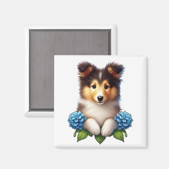 Bedårande valp med blå blommor  magnet (Front/Back)