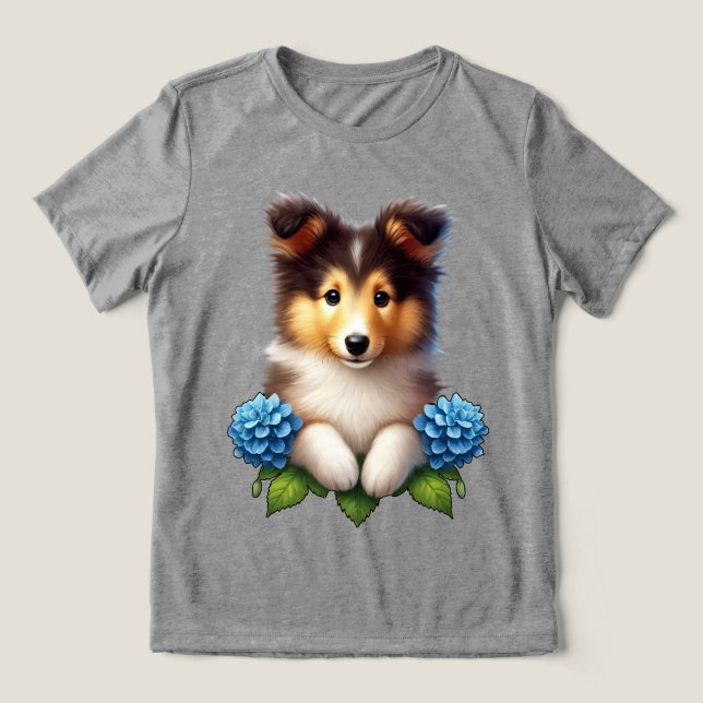 Bedårande valp med blå blommor t shirt (Design Framsida)