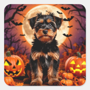 Bedårande valp med Halloween-bakgrund Fyrkantigt Klistermärke