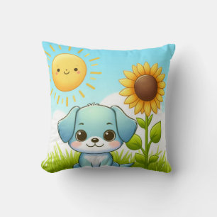 Bedårande Valp med Solros och Leende Sol Kudde