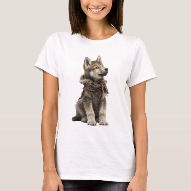 Bedårande vargvalp i rustik vinterväst och halsduk t shirt (Framsida)