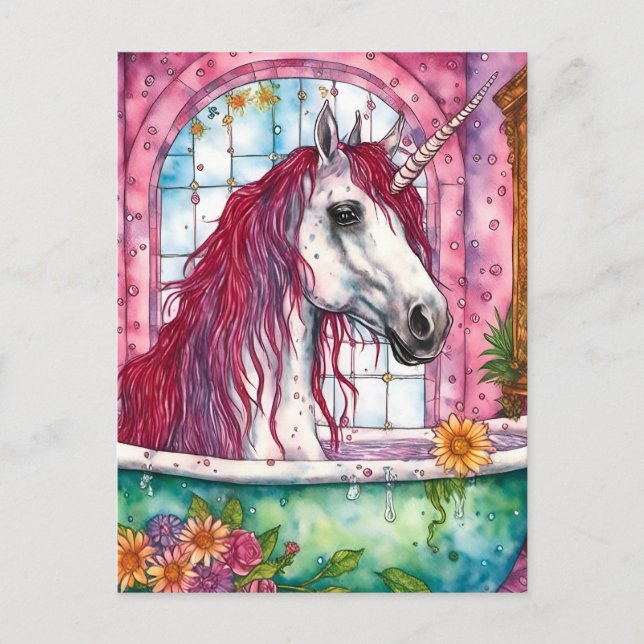 Bedårande Vattenfärg Rosa Man Unicorn Badkarstid  Vykort (Framsida)