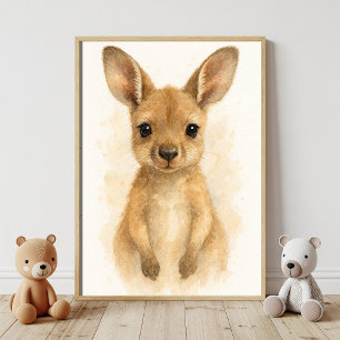 Bedårande vattenfärgskonst för bebis känguru poster