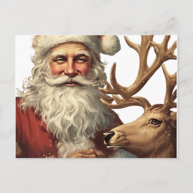 Bedårande Vintage Tomte och Renar Vykort (Framsida)