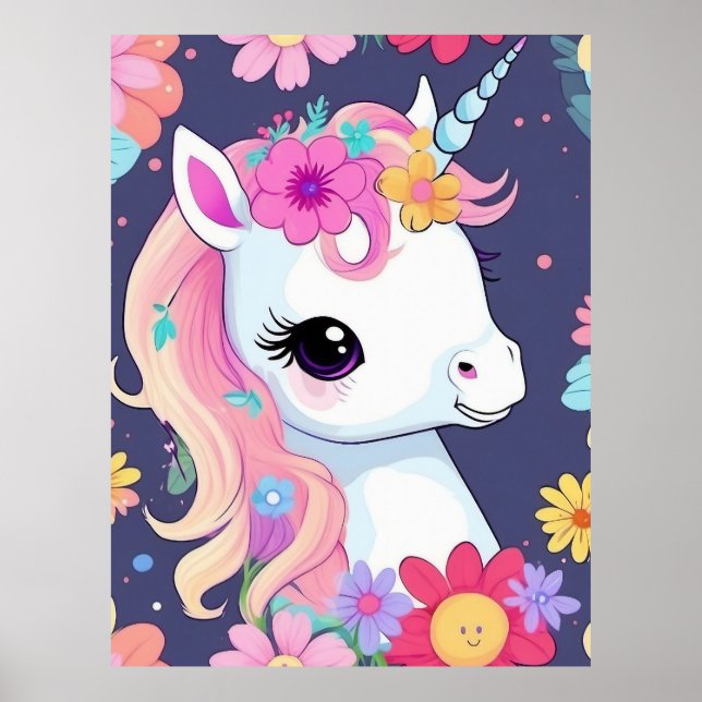 Bedårande vit enhörningbaby med blommor poster (Framsidan)