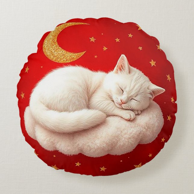 Bedårande vit katt rund kudde (Framsidan)
