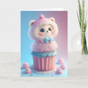 Bedårande vit kattunge bakar cupcakes tomt kort
