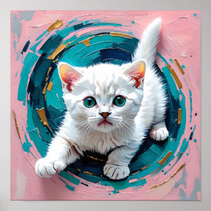 Bedårande vit kattunge i teal virvel poster
